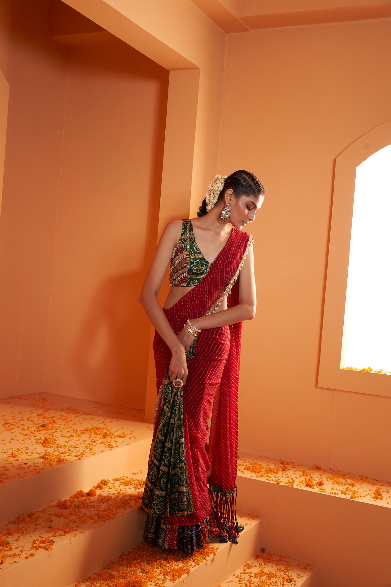 Red Print Leheriya Stitched Drape Chiffon Saree with Green Print Bandhani Blouse