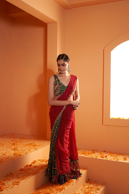 Red Print Leheriya Stitched Drape Chiffon Saree with Green Print Bandhani Blouse