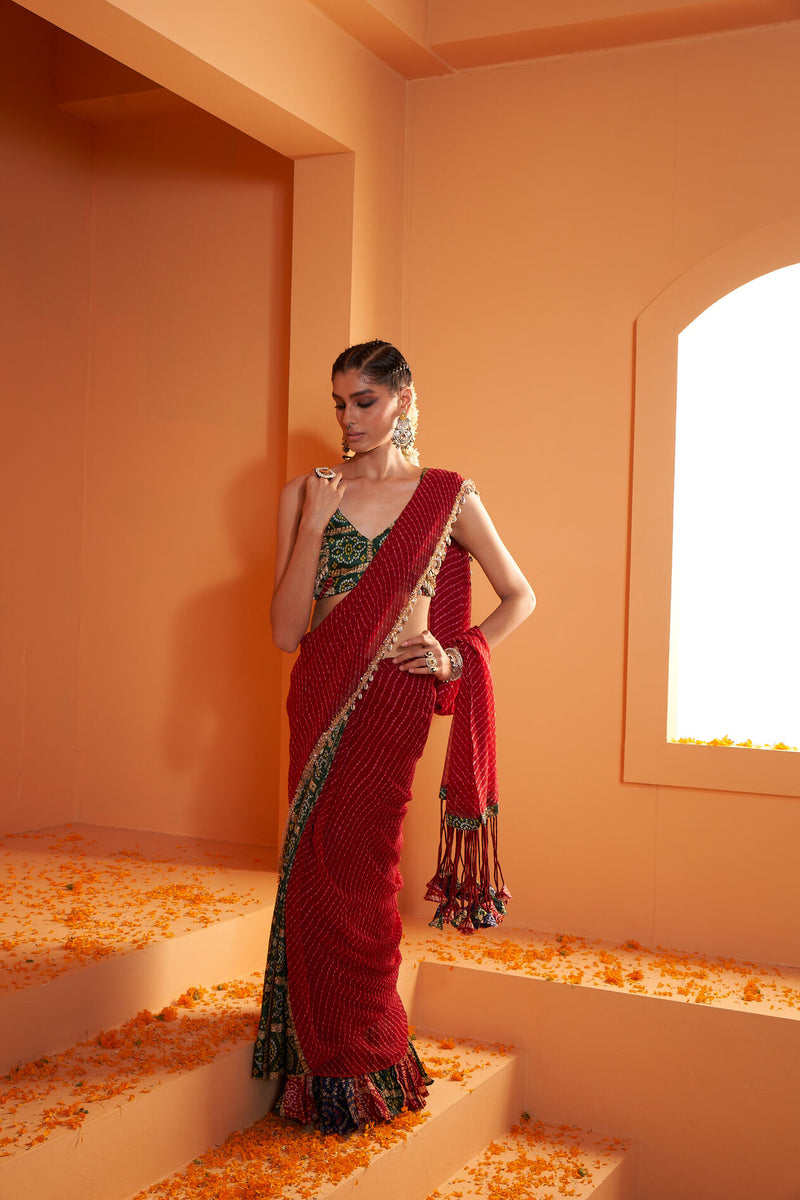 Red Print Leheriya Stitched Drape Chiffon Saree with Green Print Bandhani Blouse