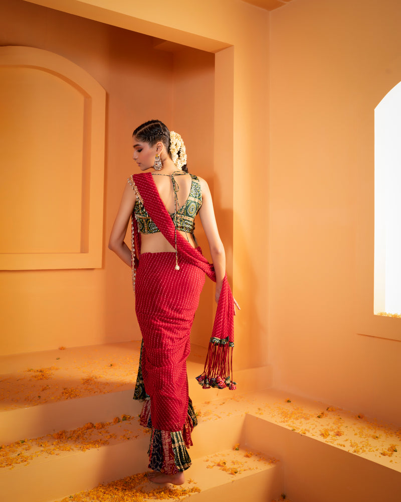Red Print Leheriya Stitched Drape Chiffon Saree with Green Print Bandhani Blouse