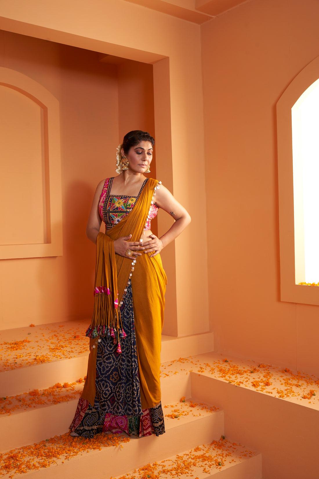 Artsilk Bandhani Stitched Drape Chiffon Saree with Pink Kutchwork Blouse