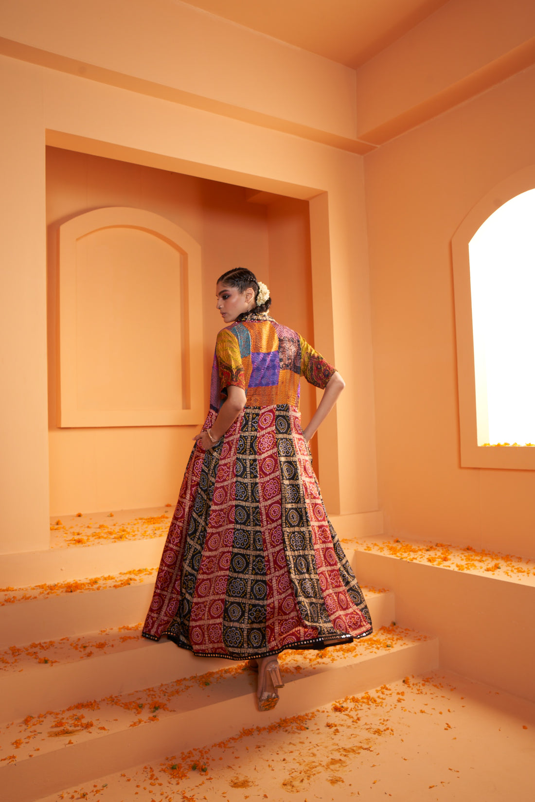 Soft Silk Print Bandhani Stitched Cape with Kantha Work