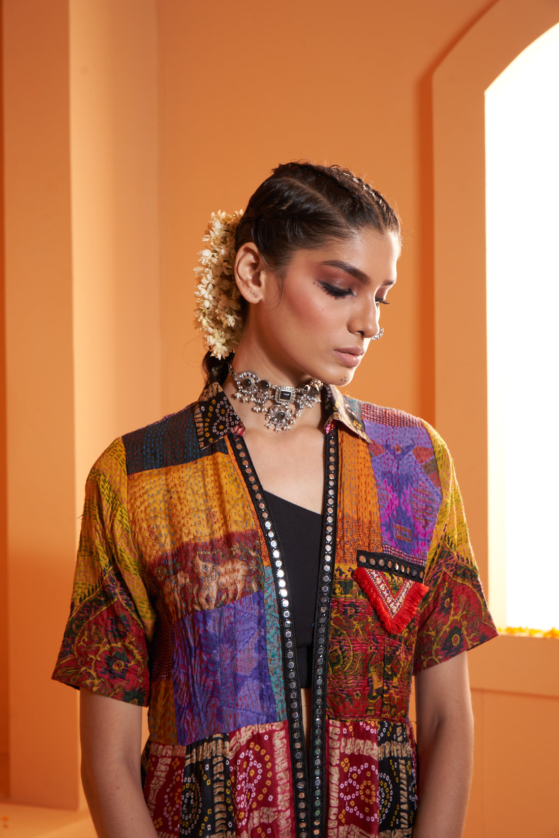 Soft Silk Print Bandhani Stitched Cape with Kantha Work