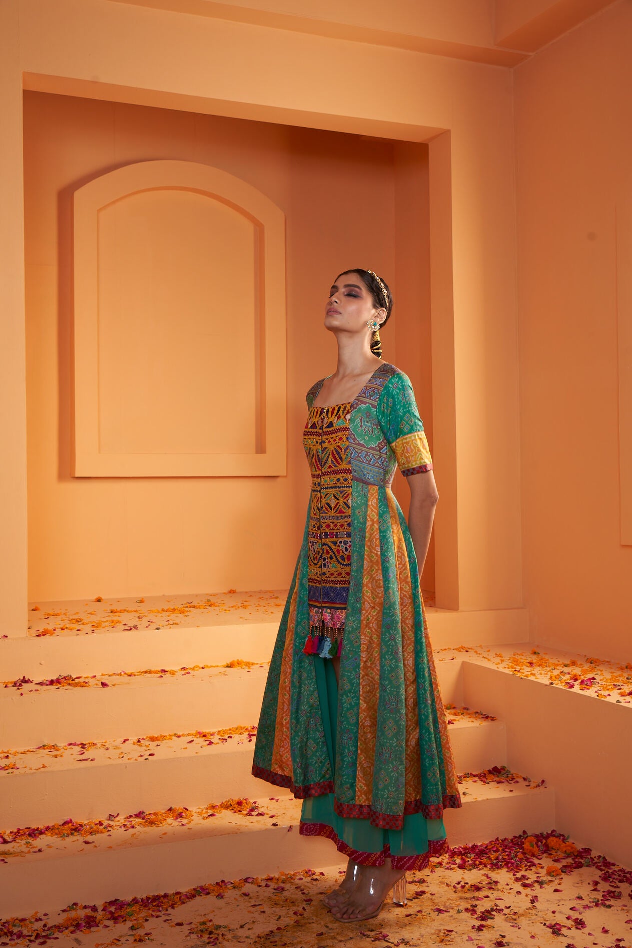 Khinkhwab Patola Print Viscose Georgette Dress - Small (Size 36) - Kutchwork Panel - Metal Zipper Khinkhwab Patola Print Viscose Georgette Dress - Small (Size 36) - Kutchwork Panel - Metal Zipper