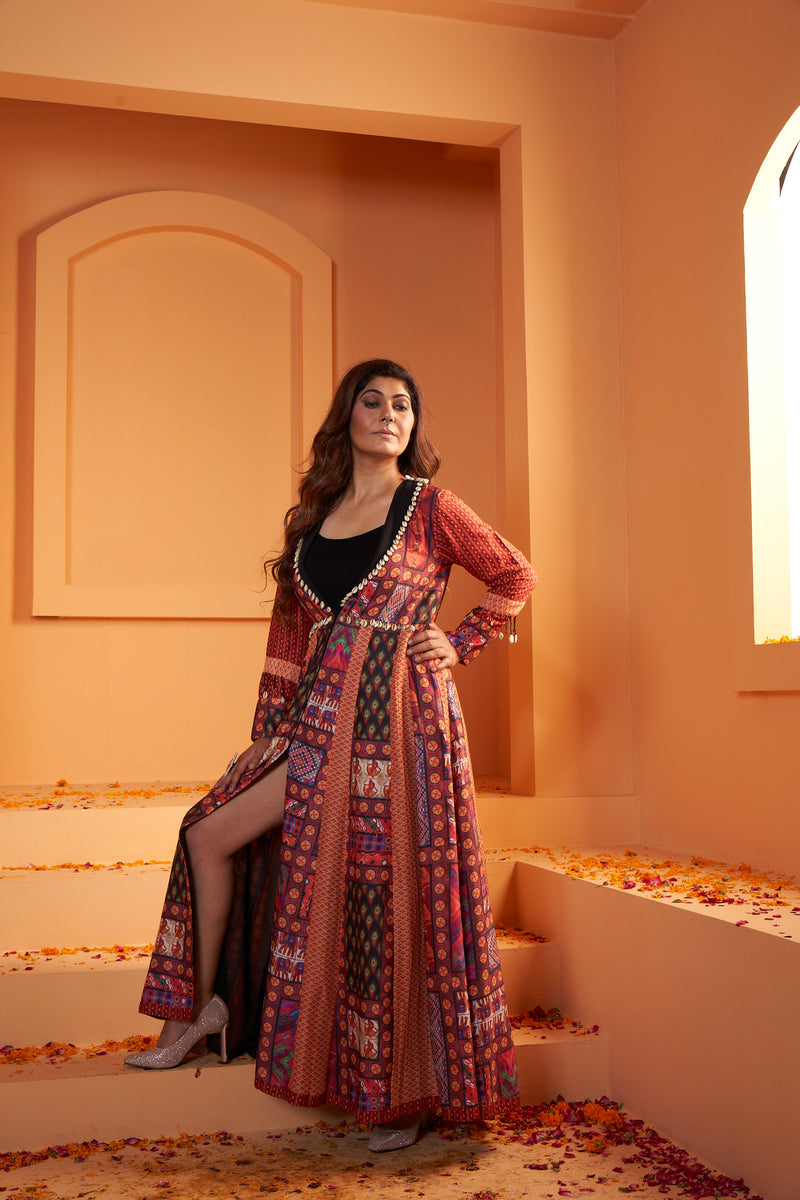 Crepe Print Kutchwork Stitched Dress with Shells