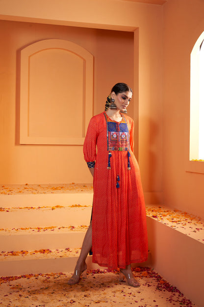 Red Viscose Crepe Print Bandhani Stitched Dress