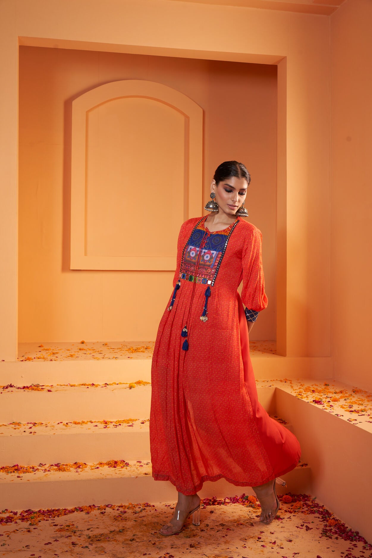Red Viscose Crepe Print Bandhani Stitched Dress