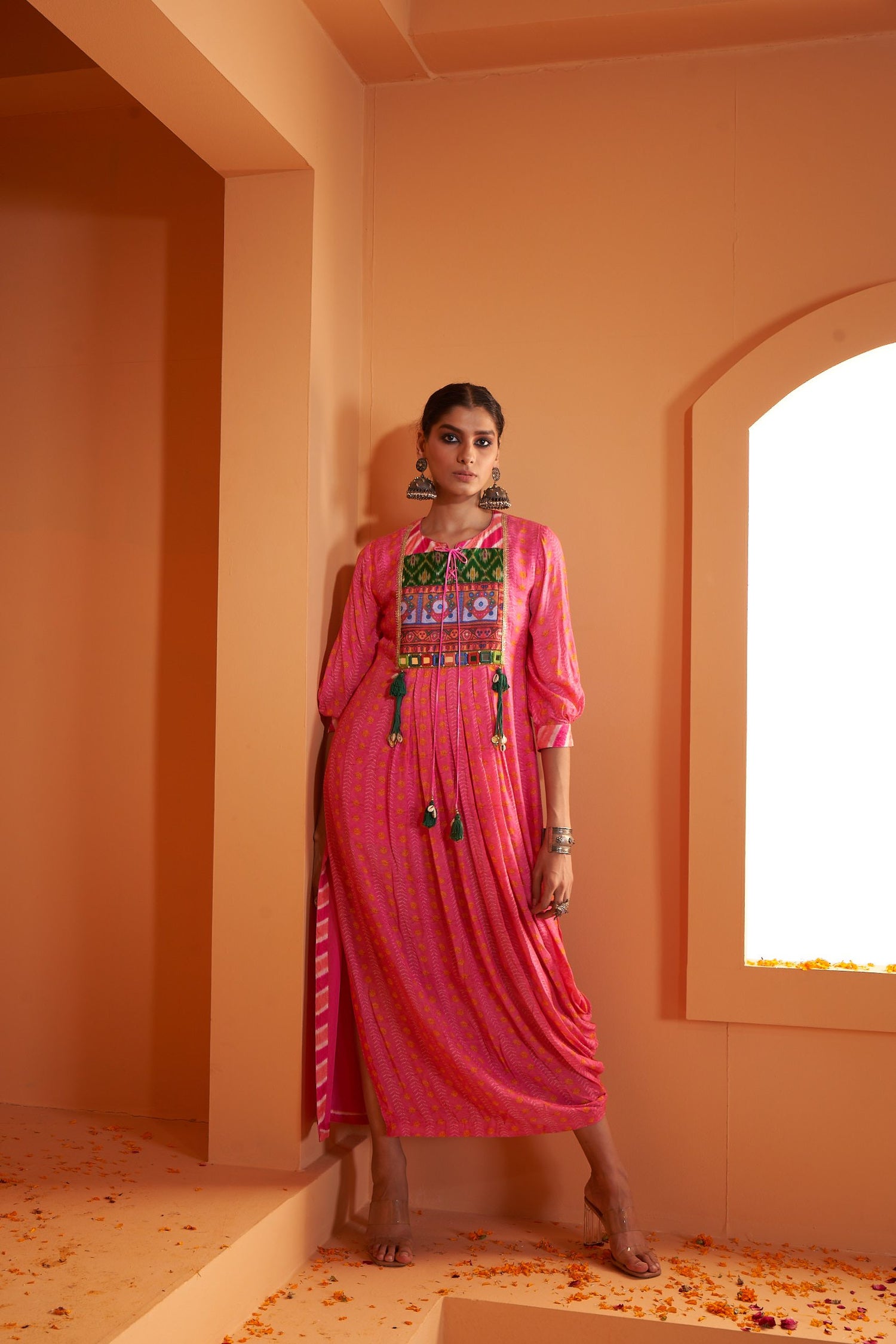 Pink Viscose Crepe Print Bandhani Stitched Dress
