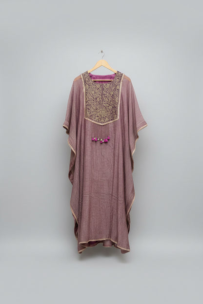 Hand Embroidered Crush Tissue Kaftan in Mauve