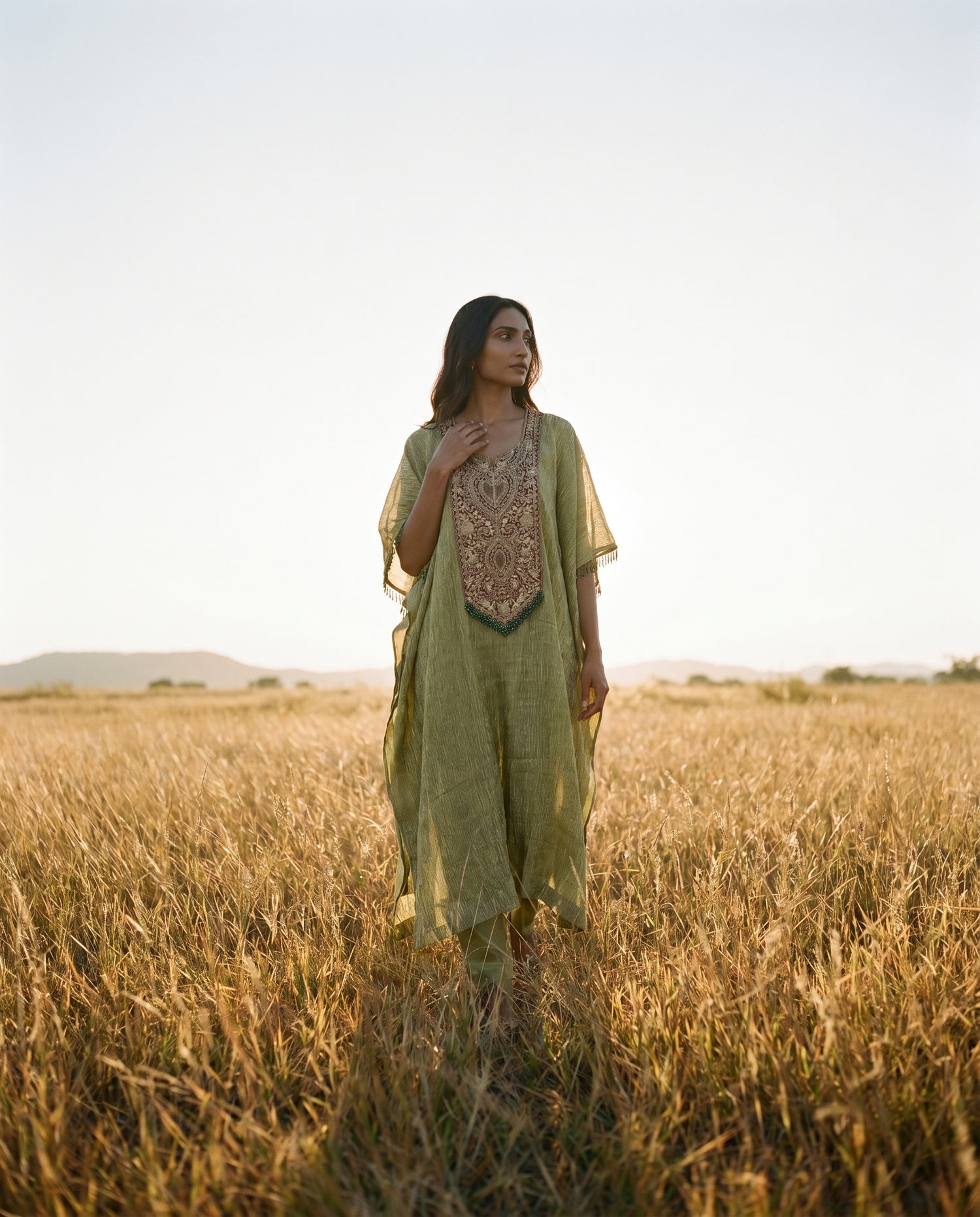 Crushed Tissue Silk Kaftan in Olive Green with Embroidered Panel - Khinkhwab