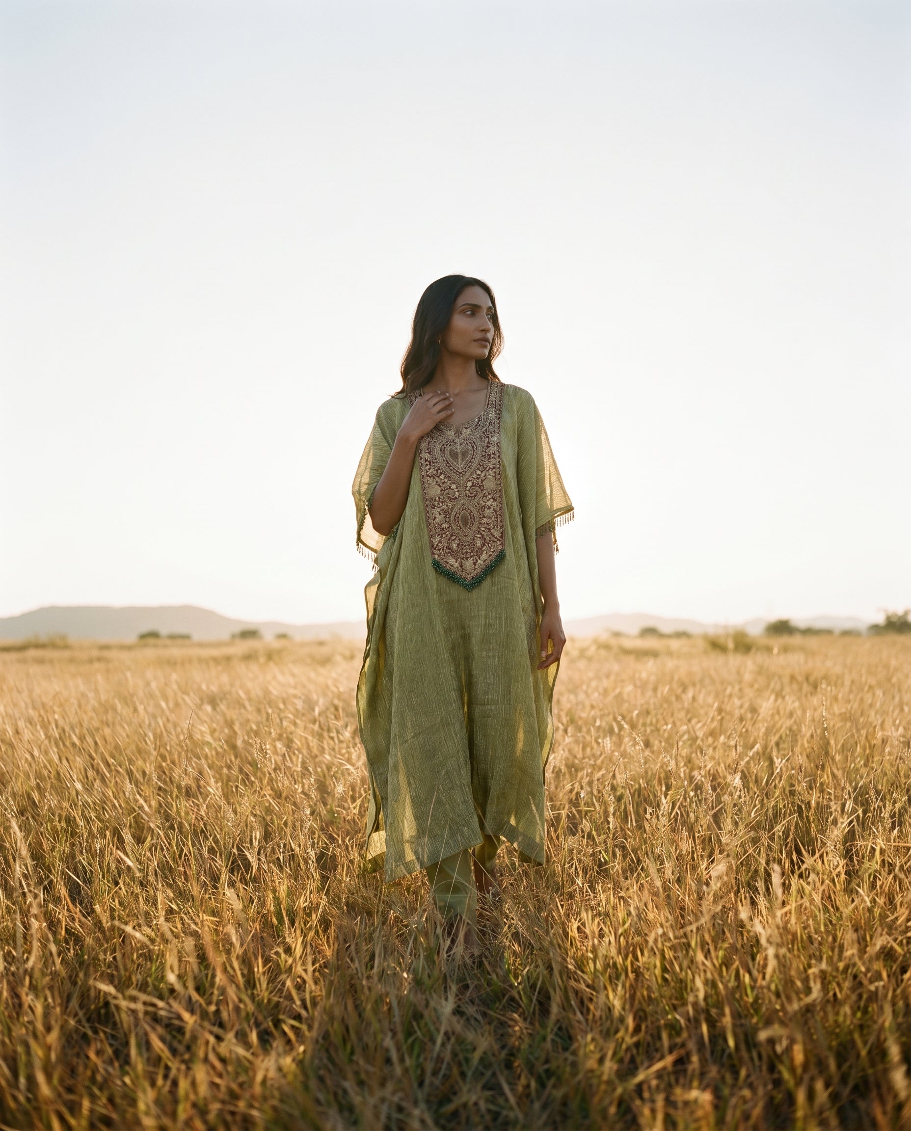 Crushed Tissue Silk Kaftan in Olive Green with Embroidered Panel - Khinkhwab