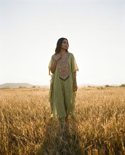Crushed Tissue Silk Kaftan in Olive Green with Embroidered Panel - Khinkhwab