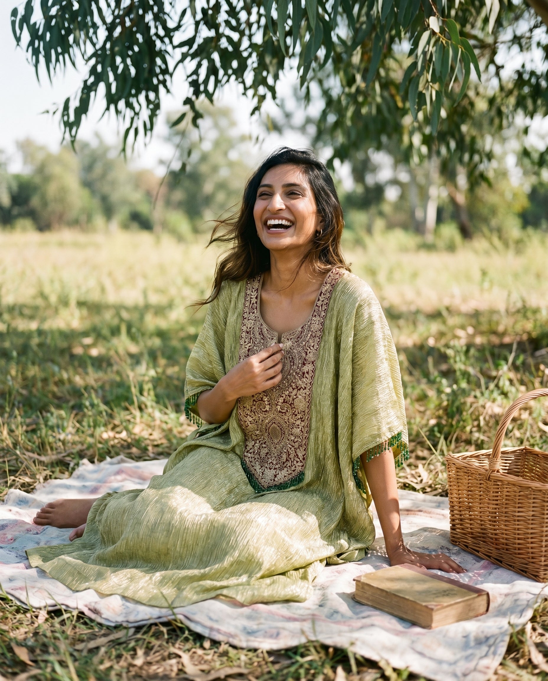 Crushed Tissue Silk Kaftan in Olive Green with Embroidered Panel - Khinkhwab