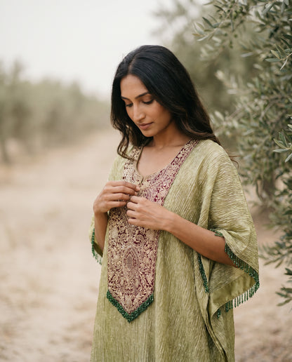 Crushed Tissue Silk Kaftan in Olive Green with Embroidered Panel - Khinkhwab
