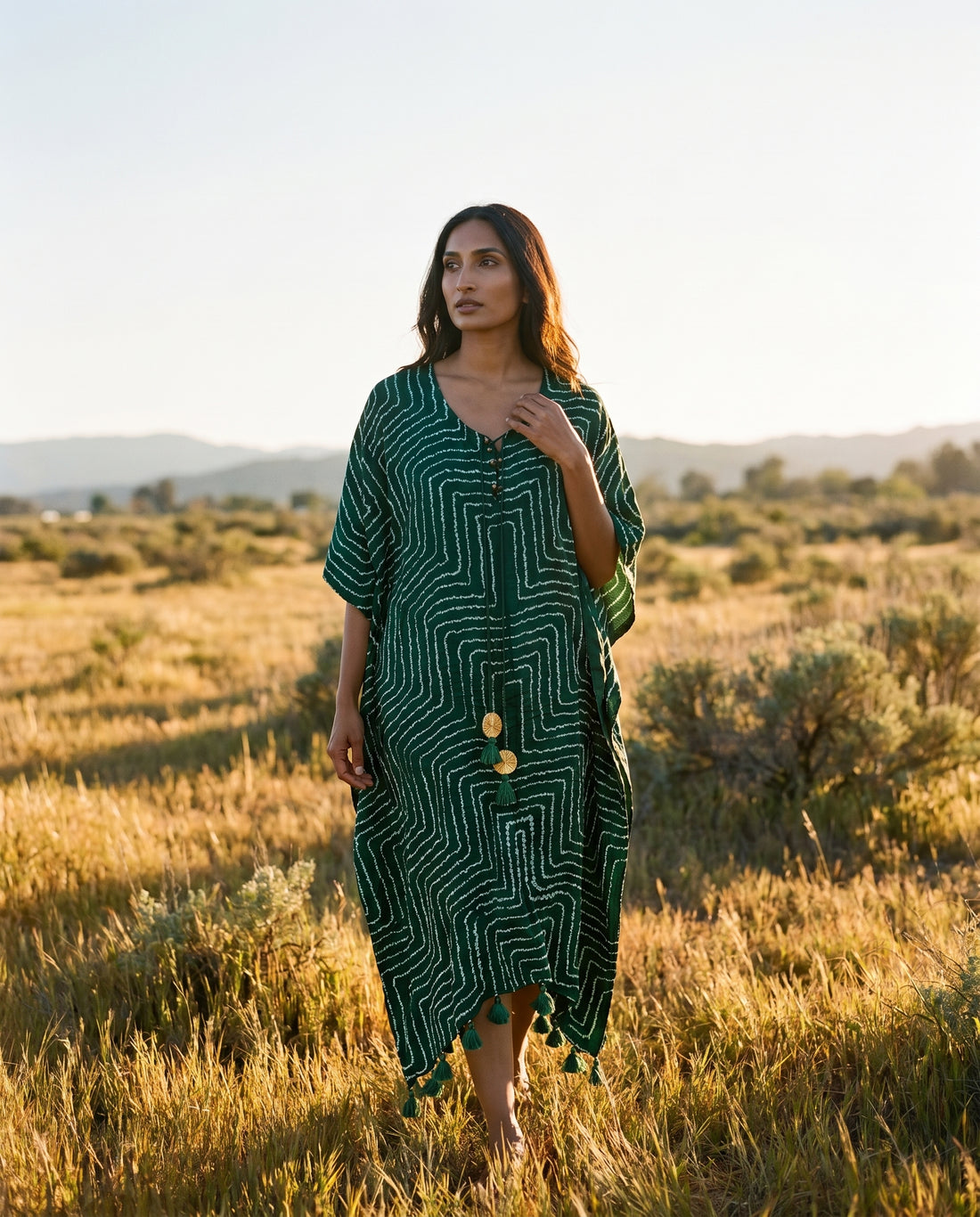 Gajji Silk Bandhani Stitched Kaftan in Bottle Green