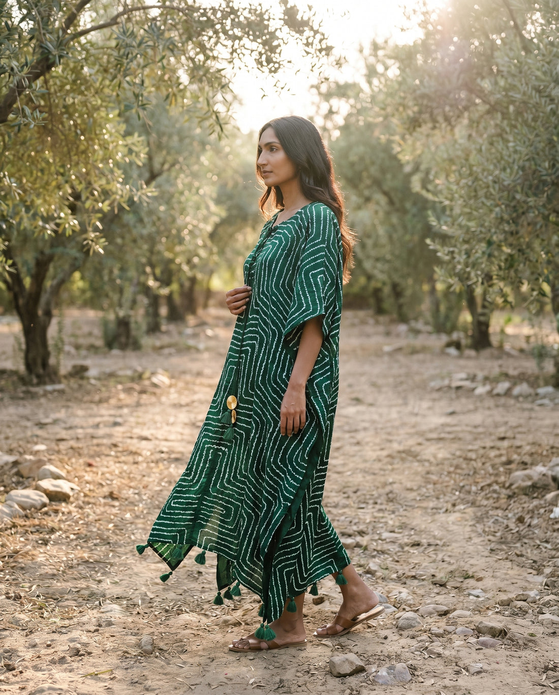 Gajji Silk Bandhani Stitched Kaftan in Bottle Green
