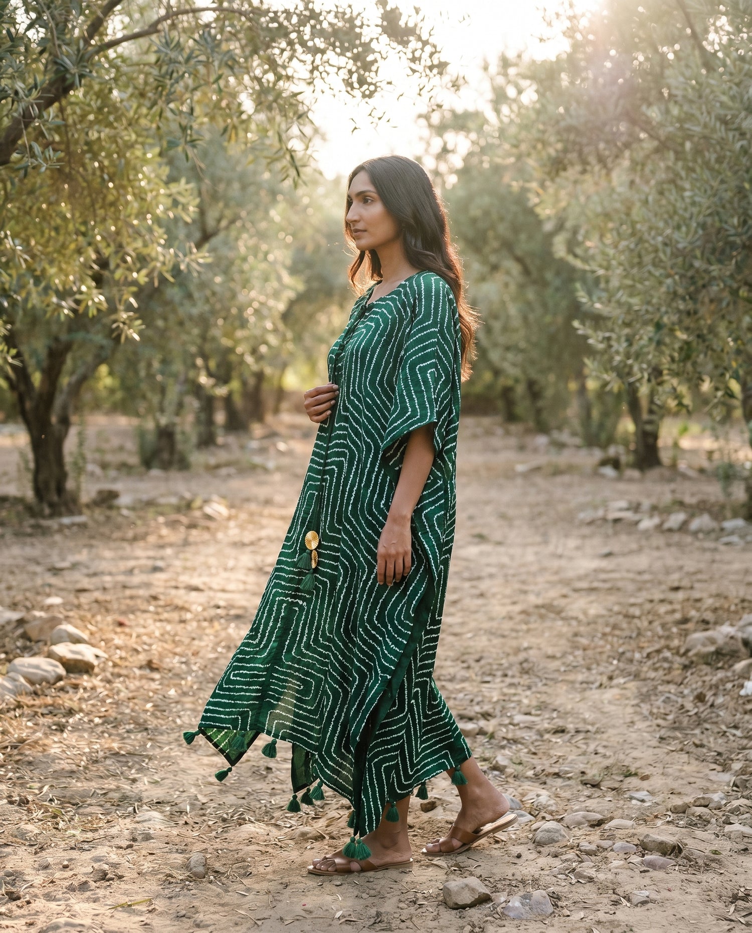 Gajji Silk Bandhani Stitched Kaftan in Bottle Green