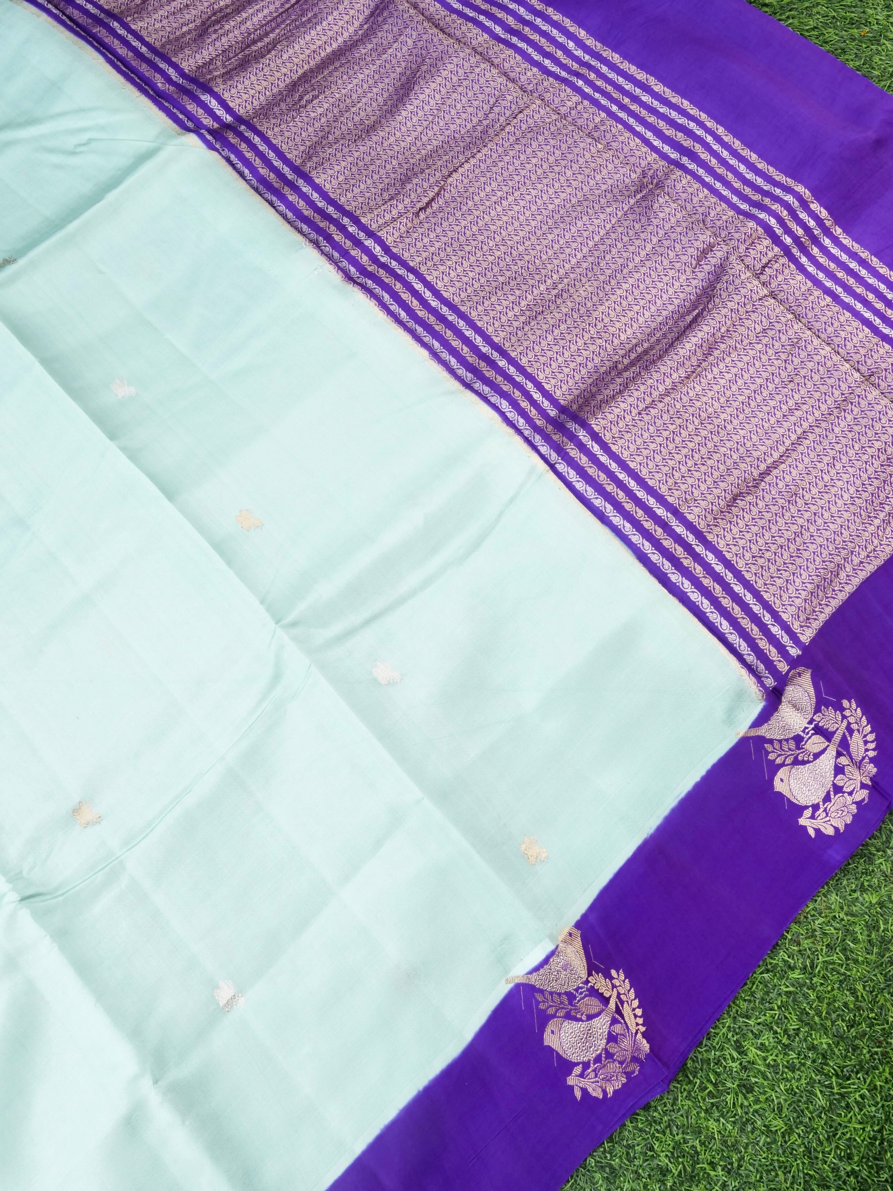 Handloom Banarasi Pure Katan Silk Kadwa Saree in Mint with Bird - Khinkhwab