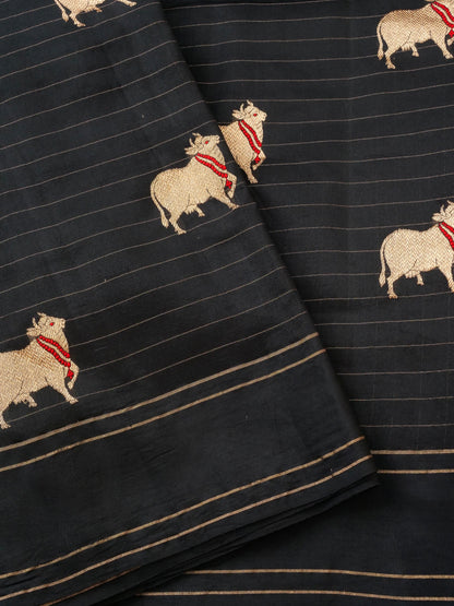 Handloom Banarasi Pure Katan Silk Kadwa Saree in Black with Meenakari Nandi Motif - Khinkhwab
