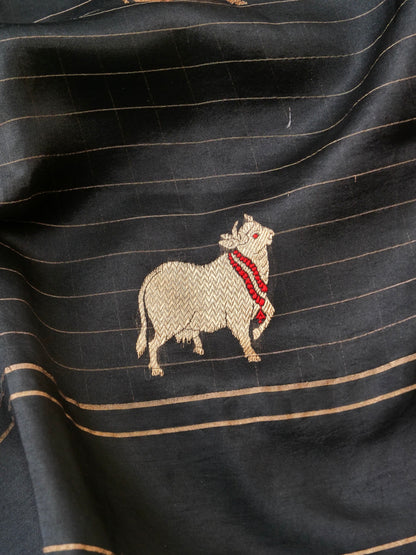 Handloom Banarasi Pure Katan Silk Kadwa Saree in Black with Meenakari Nandi Motif - Khinkhwab