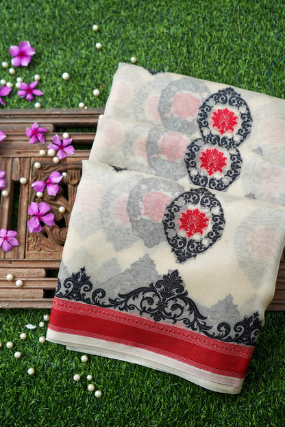 Handwoven Banarasi Organza Silk Kadwa Saree in Ivory- Soglia