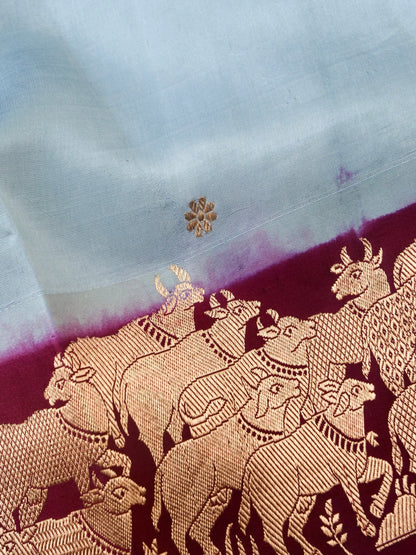 Handloom Banarasi Pure Katan Silk Ice Blue Saree with Nandi - Khinkhwab