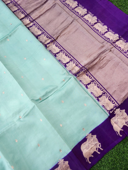 Handloom Banarasi Pure Katan Silk Kadwa Saree in Mint with Nandi Motif - Khinkhwab