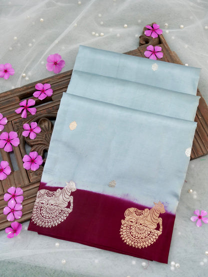Handloom Banarasi Pure Katan Silk Kadwa Saree in Ice Blue with Seated Nandi Motif - Khinkhwab