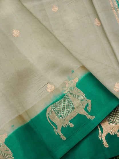 Handloom Banarasi Pure Katan Silk Kadwa Saree in Khaki with Standing Nandi - Khinkhwab