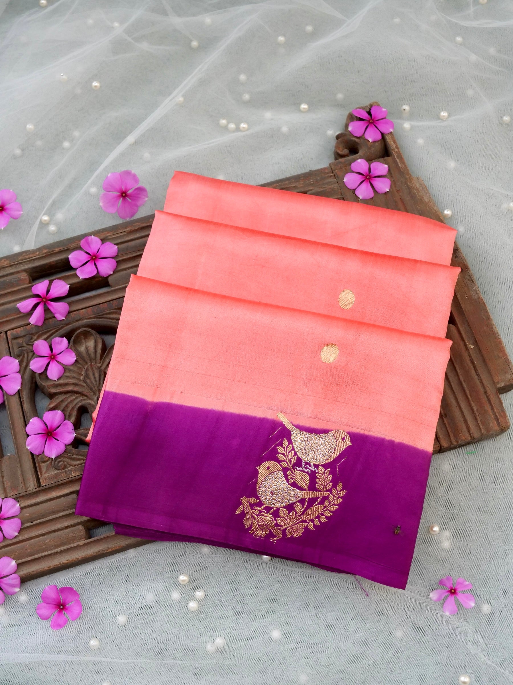 Handloom Banarasi Pure Katan Silk Kadwa Saree in Coral with Bird Motif - Khinkhwab