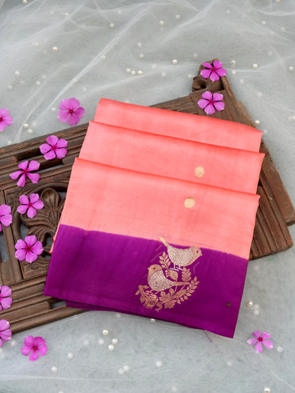 Handloom Banarasi Pure Katan Silk Kadwa Saree in Coral with Bird Motif - Khinkhwab