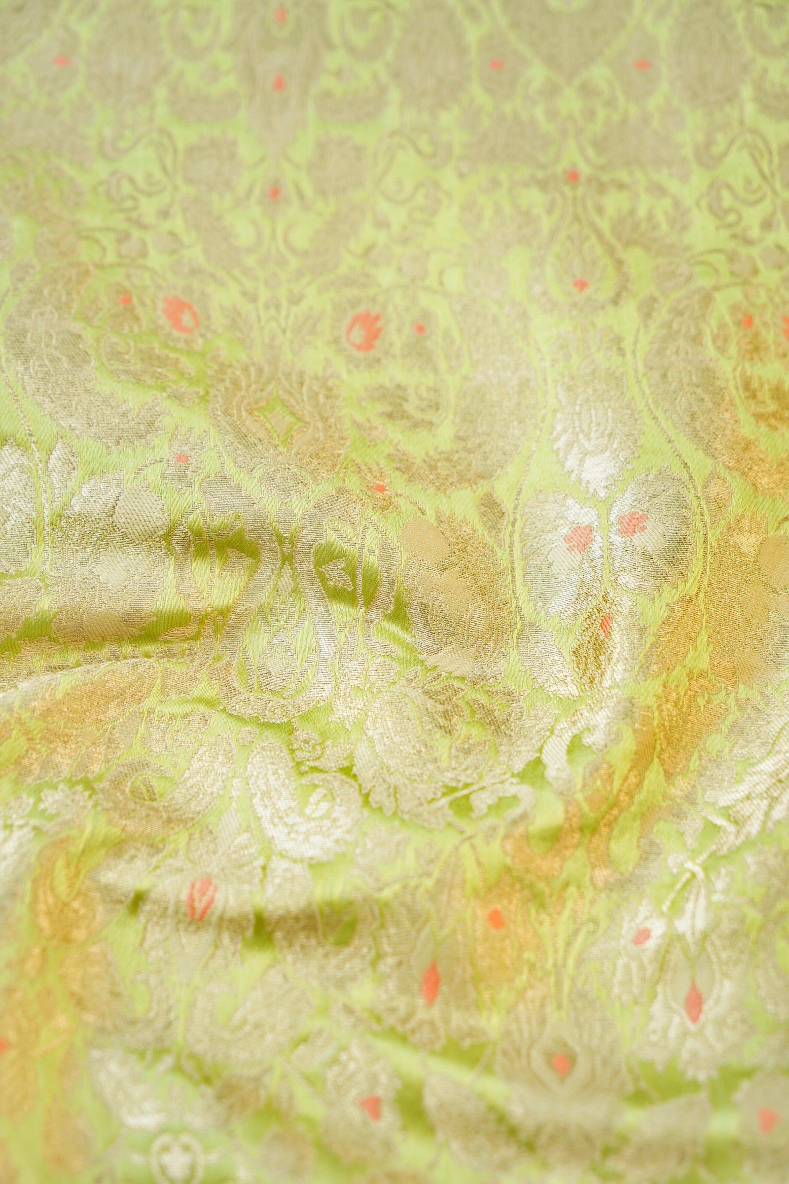 Banarasi Pure Kinkhab Silk Brocade Fabric in Lime Green - Khinkhwab