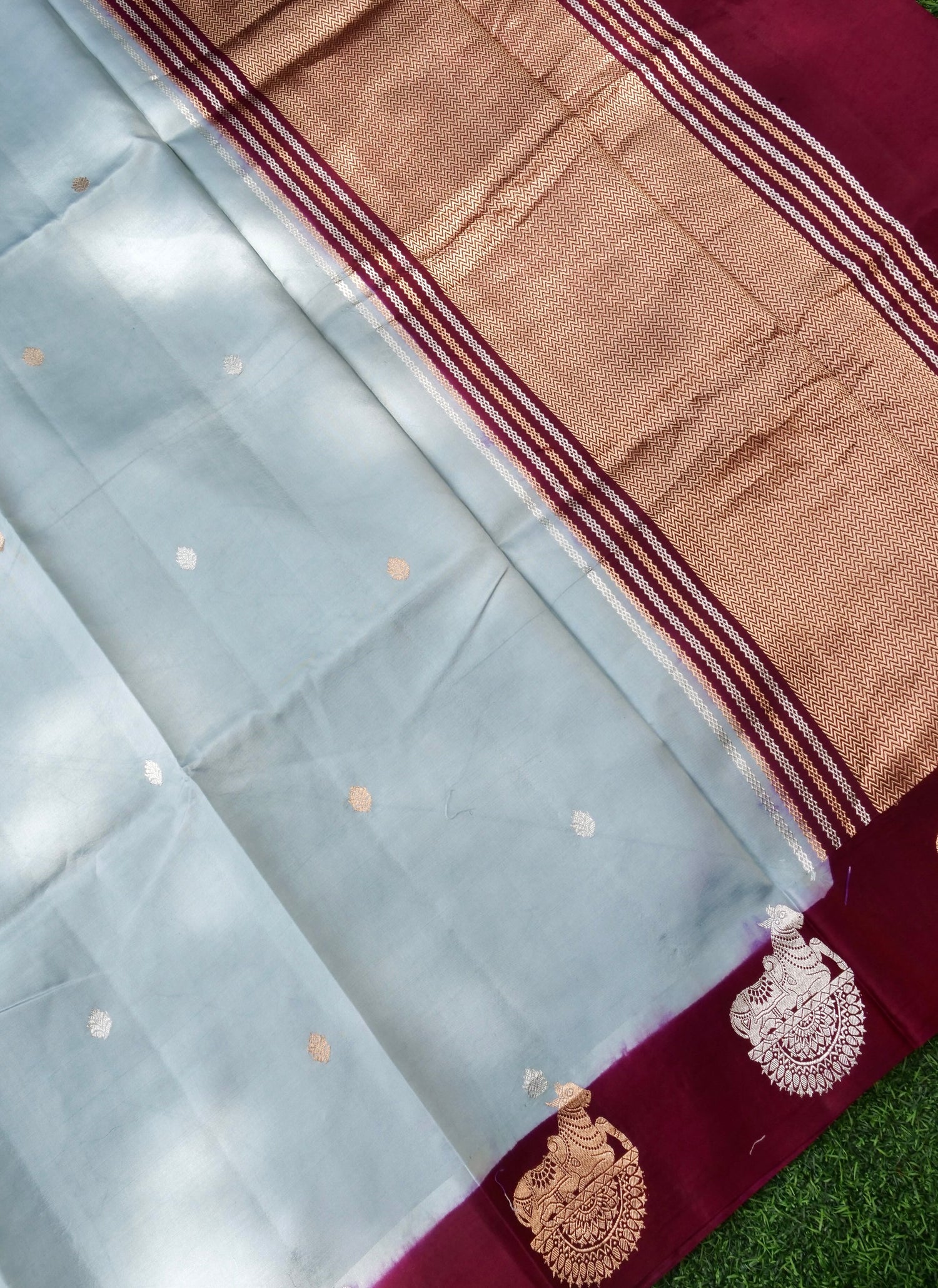 Handloom Banarasi Pure Katan Silk Kadwa Saree in Ice Blue with Seated Nandi Motif - Khinkhwab