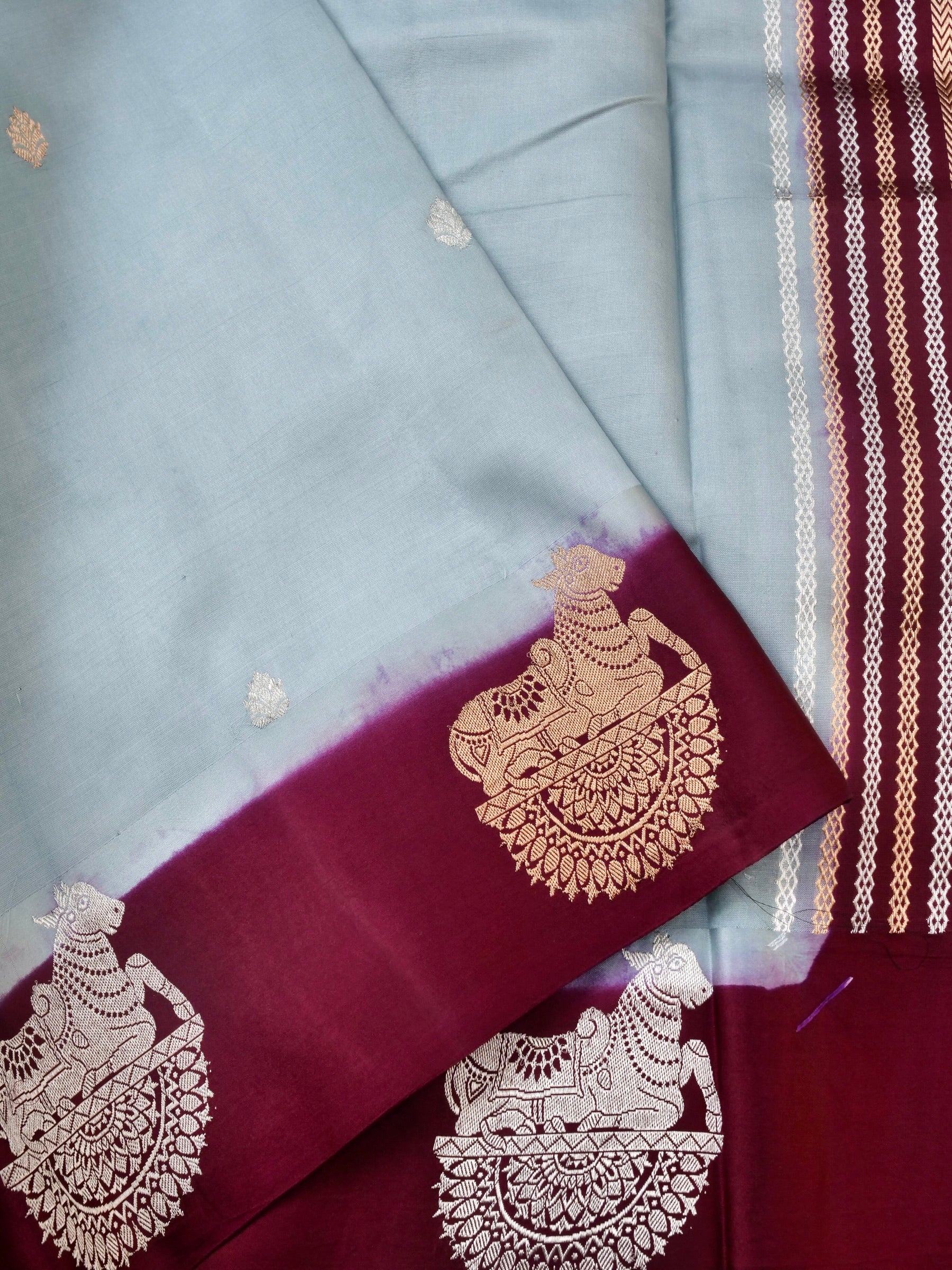 Handloom Banarasi Pure Katan Silk Kadwa Saree in Ice Blue with Seated Nandi Motif - Khinkhwab