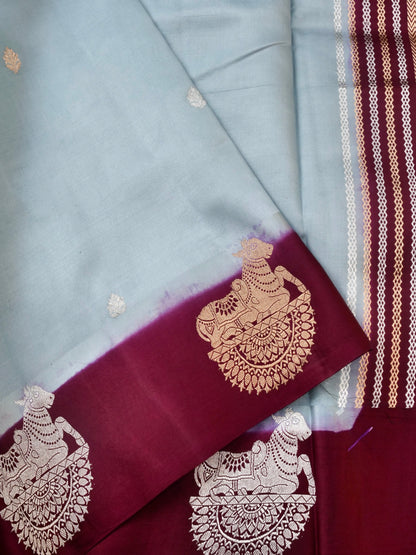 Handloom Banarasi Pure Katan Silk Kadwa Saree in Ice Blue with Seated Nandi Motif - Khinkhwab