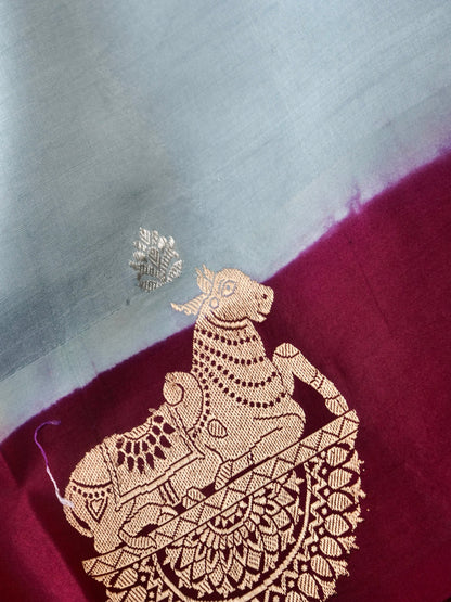 Handloom Banarasi Pure Katan Silk Kadwa Saree in Ice Blue with Seated Nandi Motif - Khinkhwab