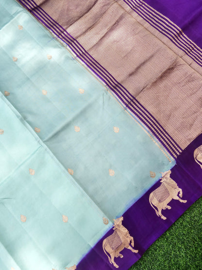 Handloom Banarasi Pure Katan Silk Kadwa Saree in Mint with Standing Nandi Motif - Khinkhwab