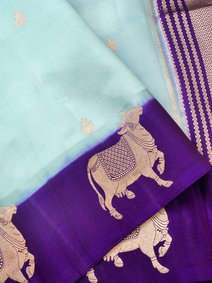 Handloom Banarasi Pure Katan Silk Kadwa Saree in Mint with Standing Nandi Motif - Khinkhwab
