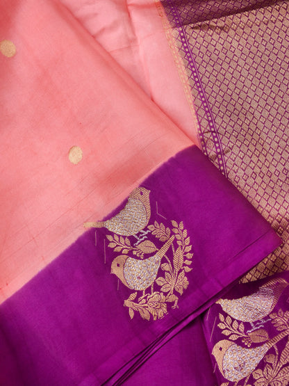 Handloom Banarasi Pure Katan Silk Kadwa Saree in Coral with Bird Motif - Khinkhwab