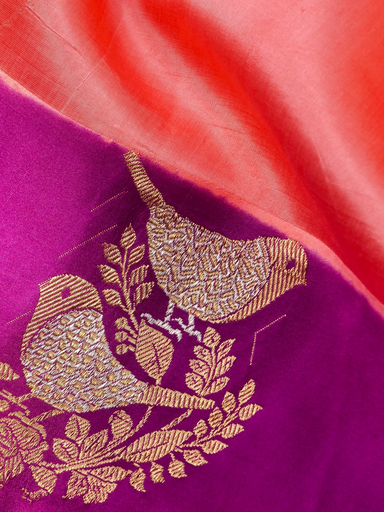 Handloom Banarasi Pure Katan Silk Kadwa Saree in Coral with Bird Motif - Khinkhwab
