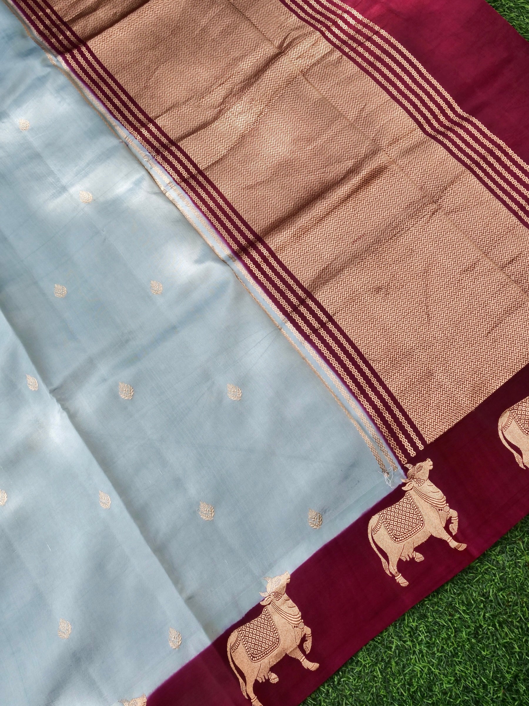 Handloom Banarasi Pure Katan Silk Kadwa Saree in Ice Blue with Standing Nandi Motif - Khinkhwab