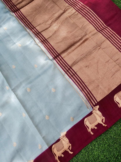 Handloom Banarasi Pure Katan Silk Kadwa Saree in Ice Blue with Standing Nandi Motif - Khinkhwab