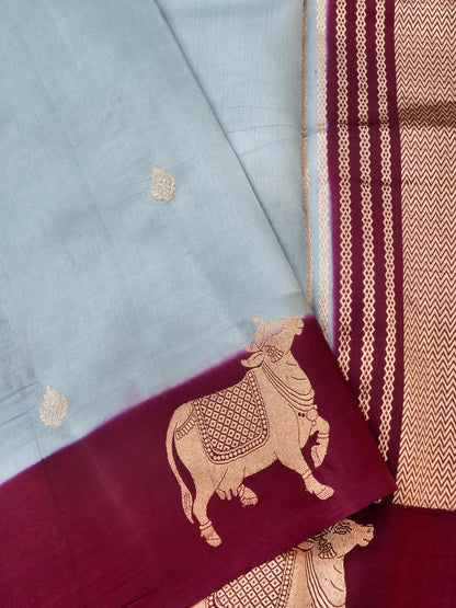 Handloom Banarasi Pure Katan Silk Kadwa Saree in Ice Blue with Standing Nandi Motif - Khinkhwab