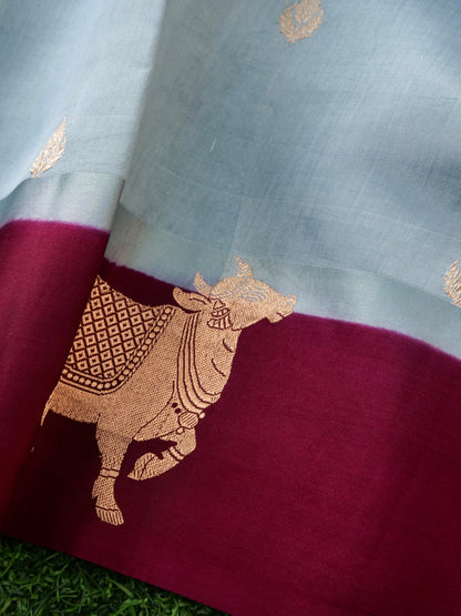 Handloom Banarasi Pure Katan Silk Kadwa Saree in Ice Blue with Standing Nandi Motif - Khinkhwab