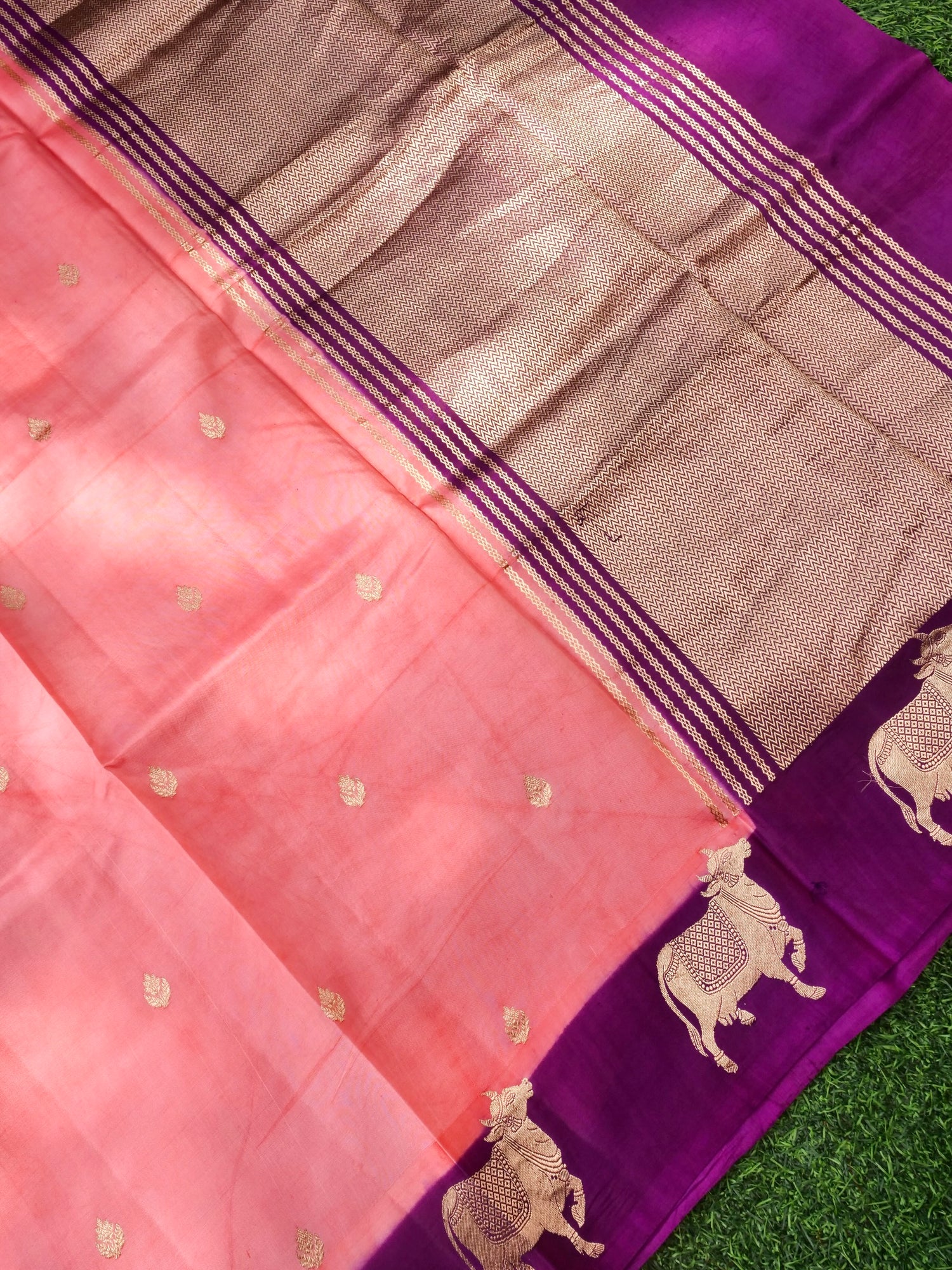 Handloom Banarasi Pure Katan Silk Kadwa Saree in Coral with Standing Nandi Motif - Khinkhwab