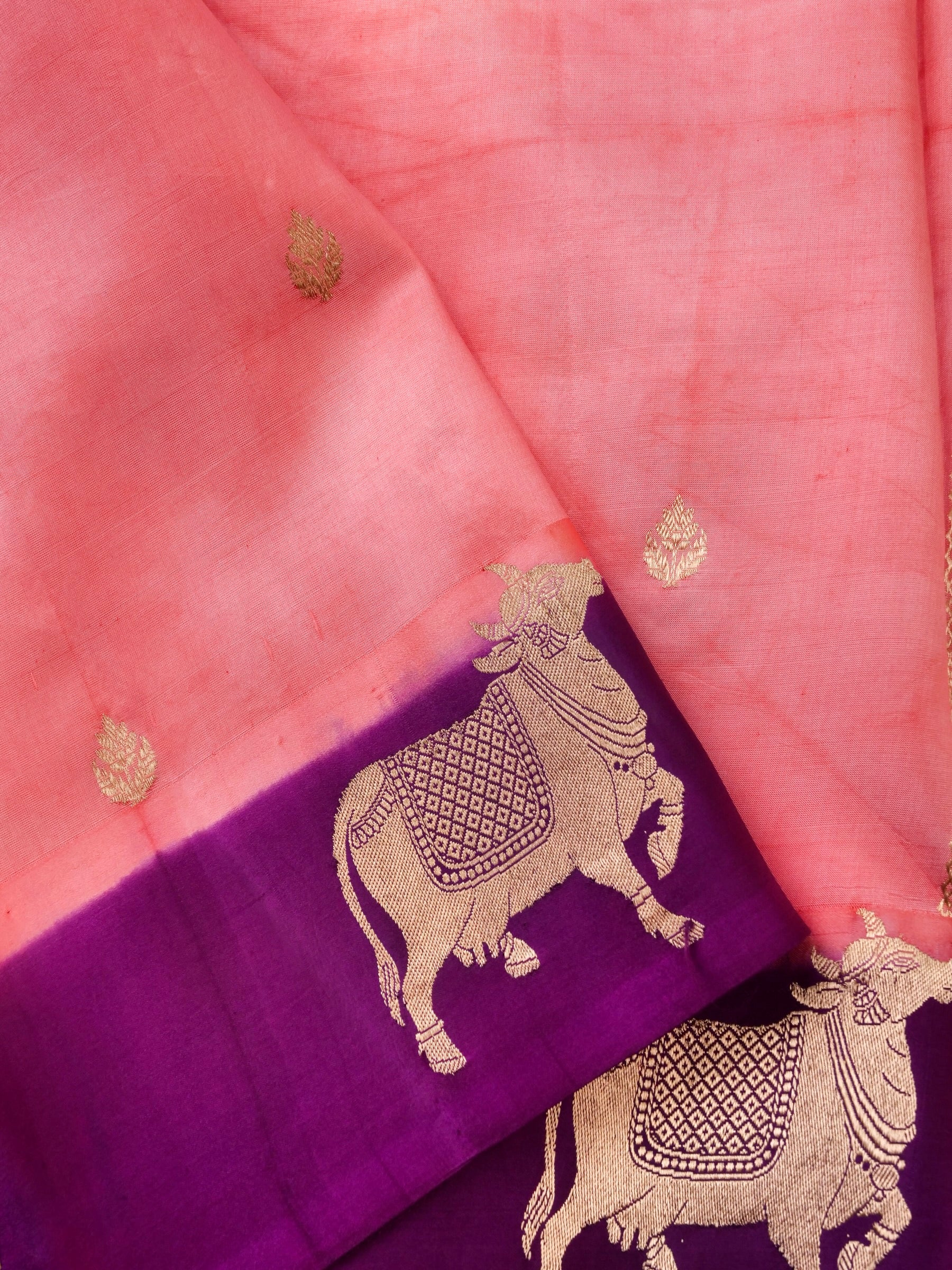 Handloom Banarasi Pure Katan Silk Kadwa Saree in Coral with Standing Nandi Motif - Khinkhwab