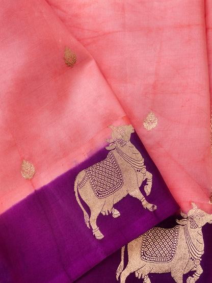 Handloom Banarasi Pure Katan Silk Kadwa Saree in Coral with Standing Nandi Motif - Khinkhwab