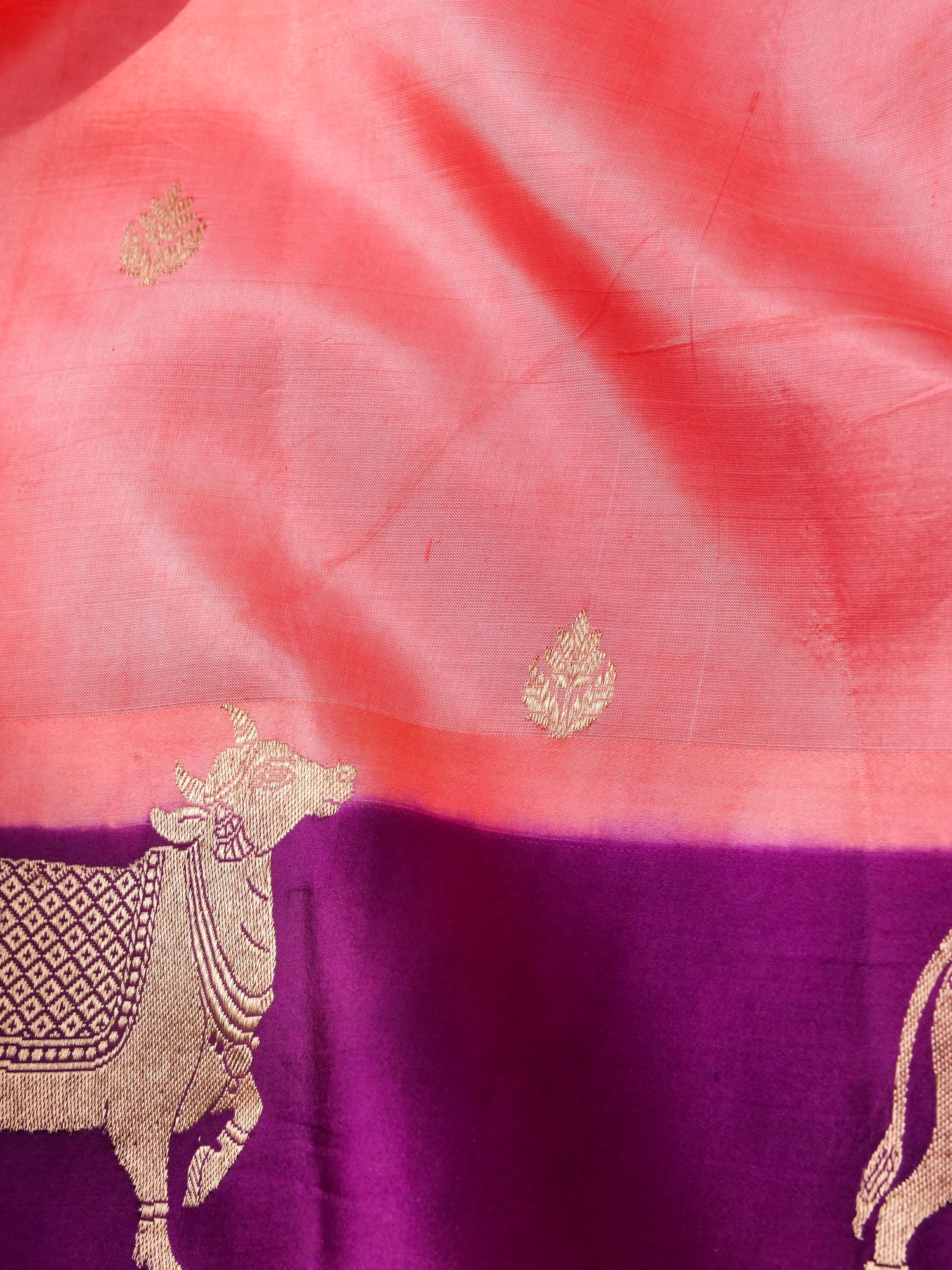 Handloom Banarasi Pure Katan Silk Kadwa Saree in Coral with Standing Nandi Motif - Khinkhwab