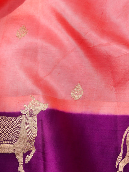 Handloom Banarasi Pure Katan Silk Kadwa Saree in Coral with Standing Nandi Motif - Khinkhwab
