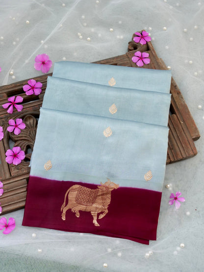 Handloom Banarasi Pure Katan Silk Kadwa Saree in Ice Blue with Standing Nandi Motif - Khinkhwab